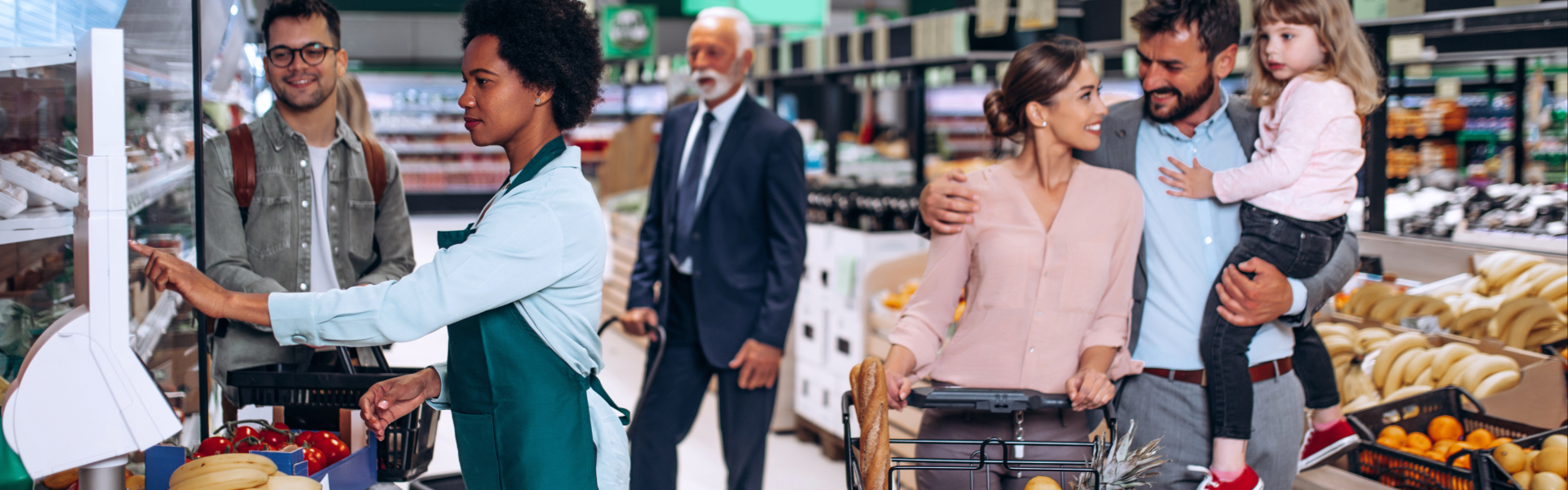 an image showing a grocery store with multiple shoppers